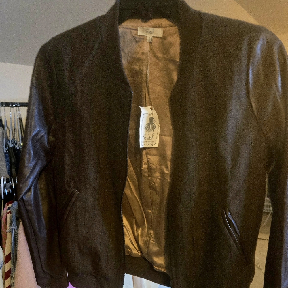 Easel Faux Leather & Cloth Chocolate Brown Bomber Jacket